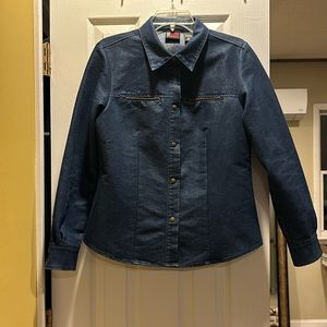 Fitted denim shirt jacket. Has a slight sheen to it.